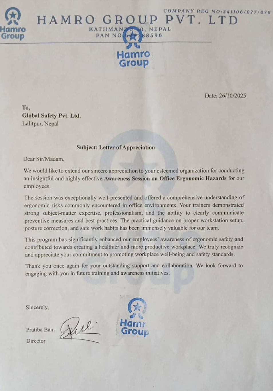 Hamro Group Appreciation Letter